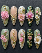 3D Floral Garden Press-On Nails | Sage Green & Blush Pink | Custom Press-On Nails