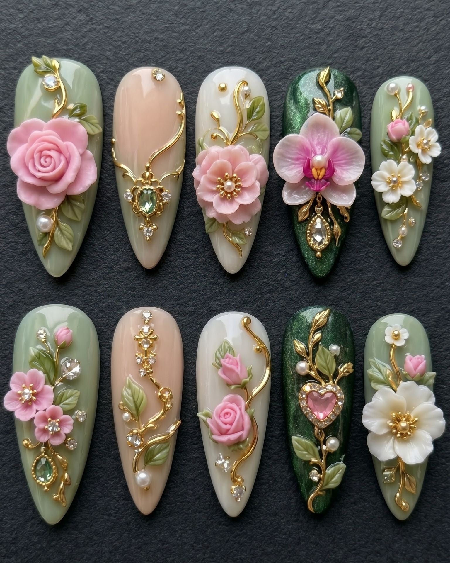 3D Floral Garden Press-On Nails | Sage Green & Blush Pink | Custom Press-On Nails