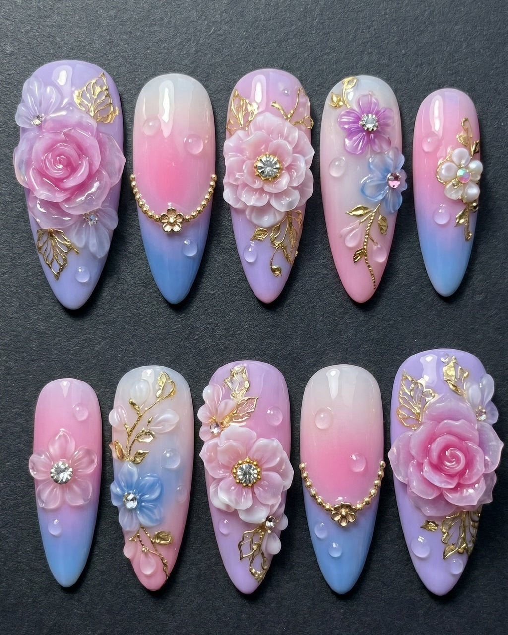 3D Floral Rhinestone Press-On Nails | Pink Purple Ombre Almond Nails | Custom Press-On Nails | LuxepressCo