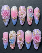 3D Floral Rhinestone Press-On Nails | Pink Purple Ombre Almond Nails | Custom Press-On Nails | LuxepressCo