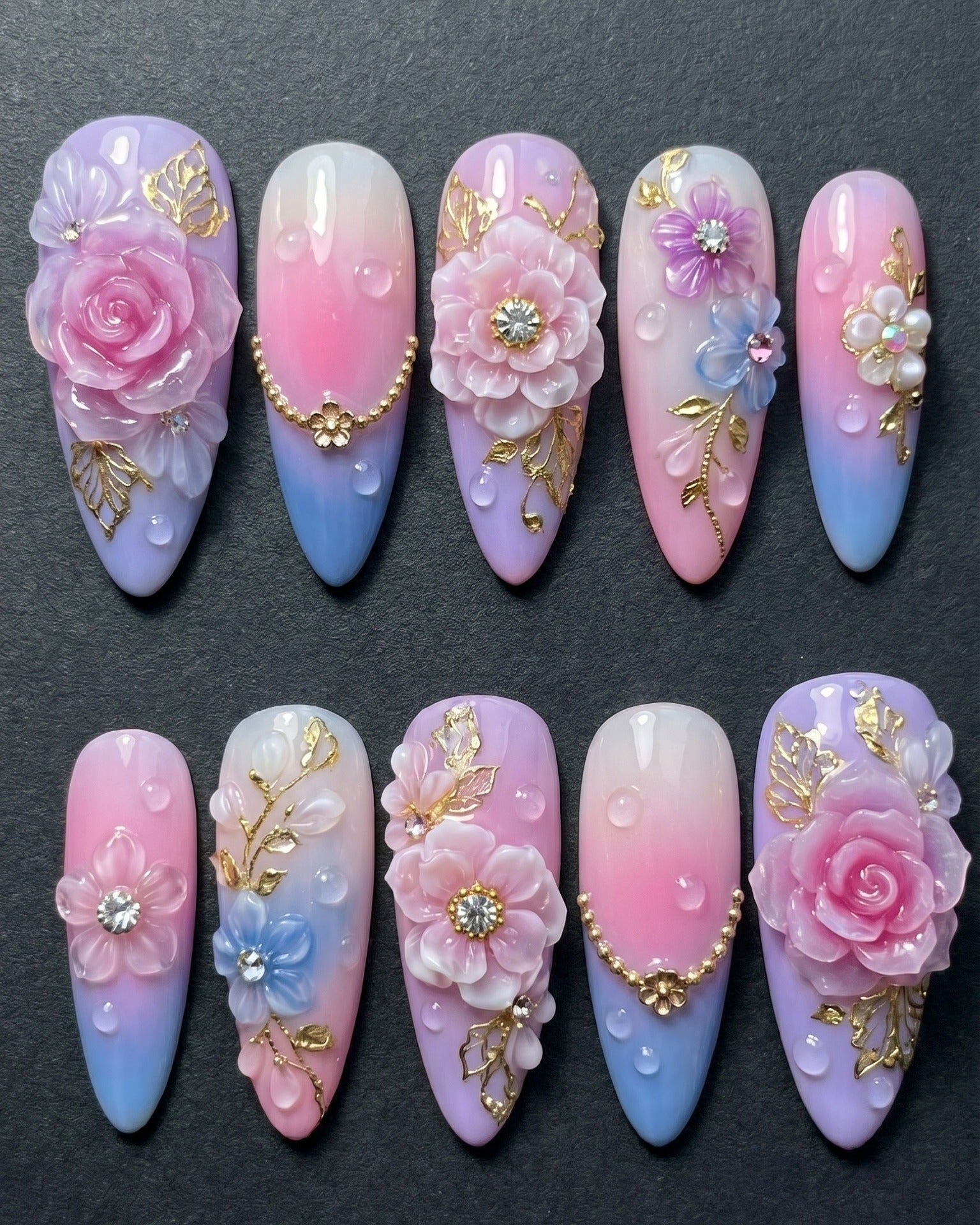 3D Floral Rhinestone Press-On Nails | Pink Purple Ombre Almond Nails | Custom Press-On Nails | LuxepressCo