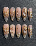 Gold Butterfly & Moon 3D Press-On Nails | Pearl Embellishment Almond Nails | Custom Press-On Nails | LuxepressCo