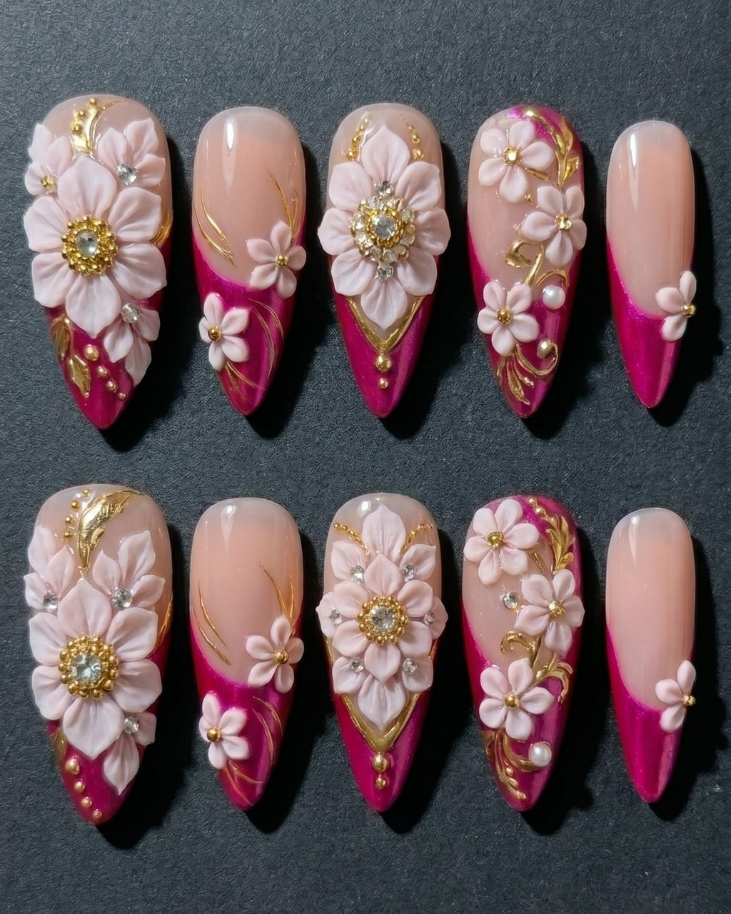 3D Floral Rhinestone Press-On Nails | Hot Pink & Gold Luxury Stiletto | Custom Press-On Nails — LuxepressCo