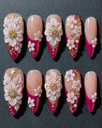3D Floral Rhinestone Press-On Nails | Hot Pink & Gold Luxury Stiletto | Custom Press-On Nails — LuxepressCo