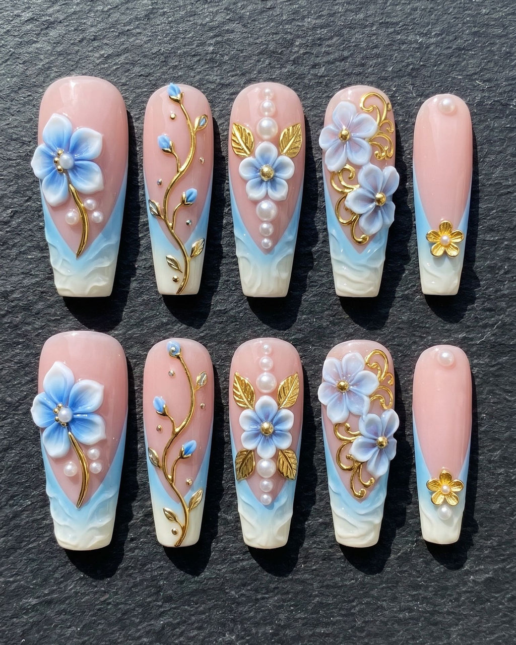 3D Blue Floral Press-On Nails | Pearl & Gold Vine | Custom Press-On Nails | LuxepressCo