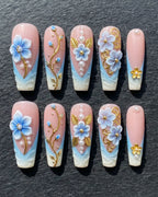 3D Blue Floral Press-On Nails | Pearl & Gold Vine | Custom Press-On Nails | LuxepressCo