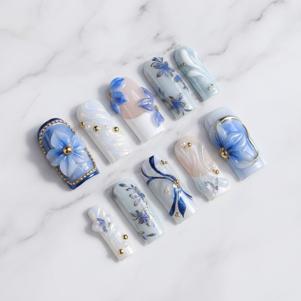 Hero flat lay blue floral press-on nails