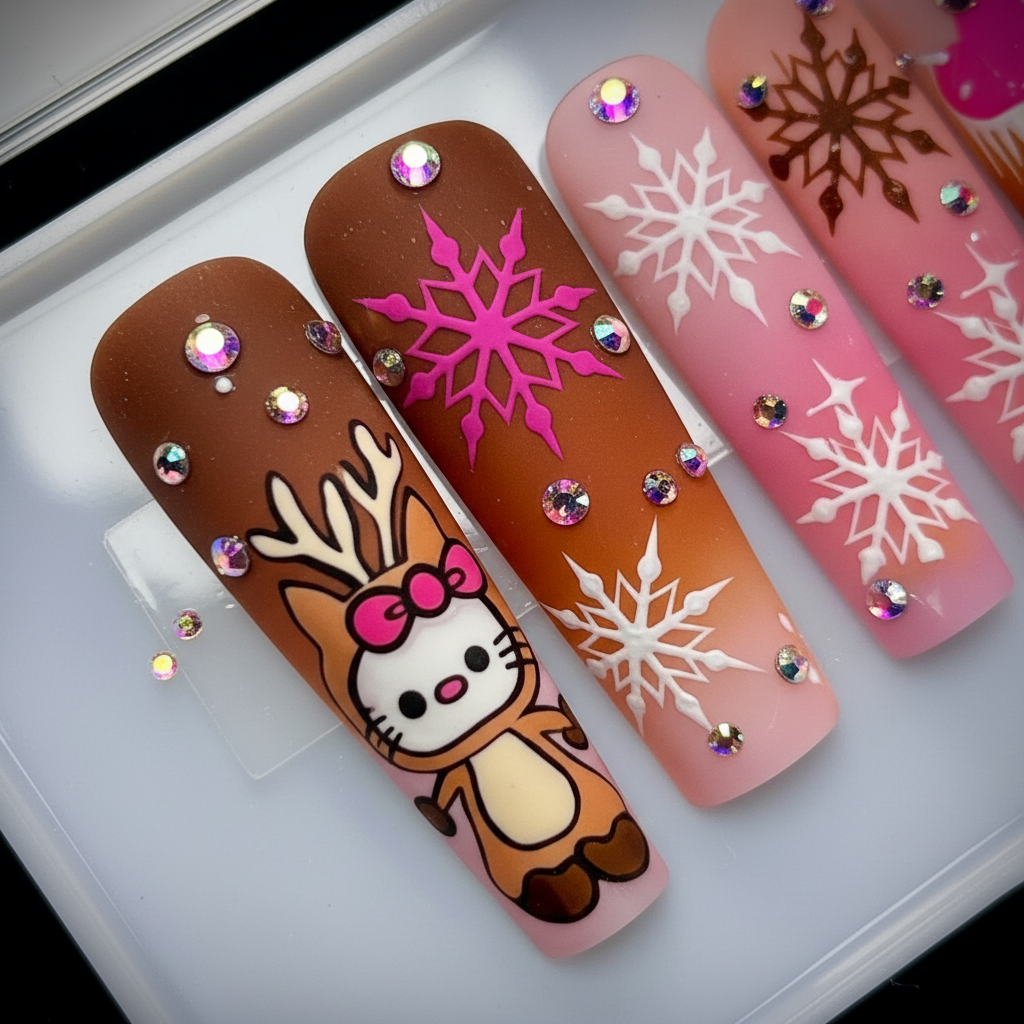 Macro close-up kawaii reindeer pink bow brown snowflake aurora rhinestone hot pink heart custom press-on nails — LuxepressCo