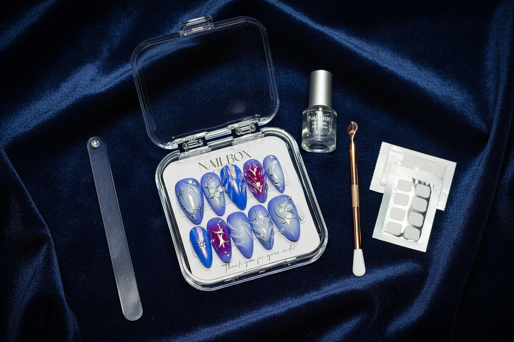 Luxury unboxing acrylic box cobalt blue chrome press-on nails with accessories custom press-on nails — LuxepressCo