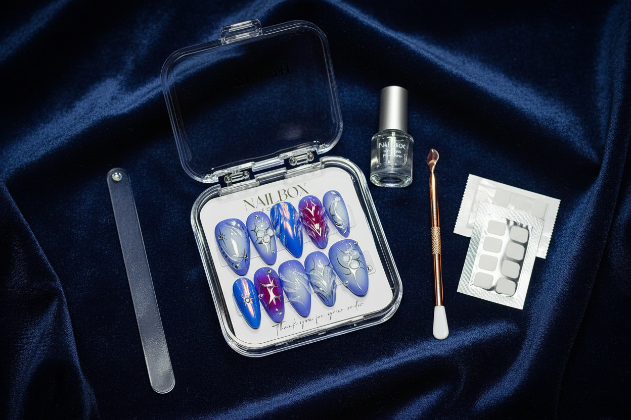 Luxury unboxing acrylic box cobalt blue chrome press-on nails with accessories custom press-on nails — LuxepressCo