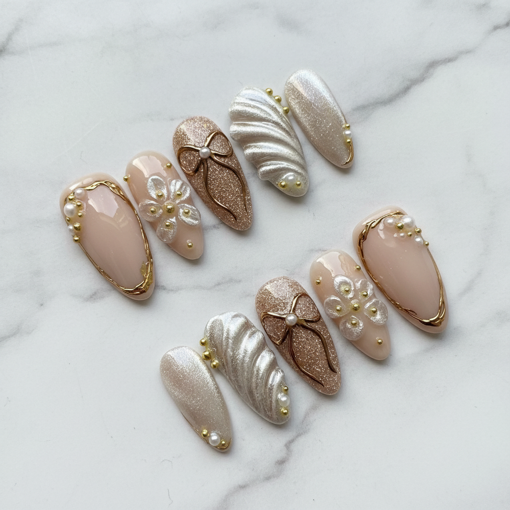 Full set 10 luxury pearl bow chrome wave custom press-on nails on marble background — LuxepressCo