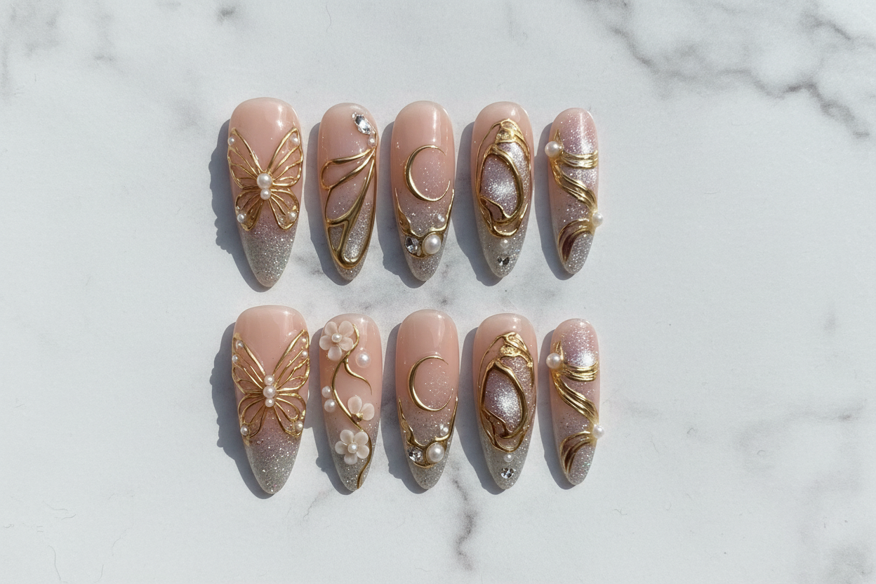 Gold butterfly moon 3D press-on nails flat lay top-down full set almond shape — LuxepressCo