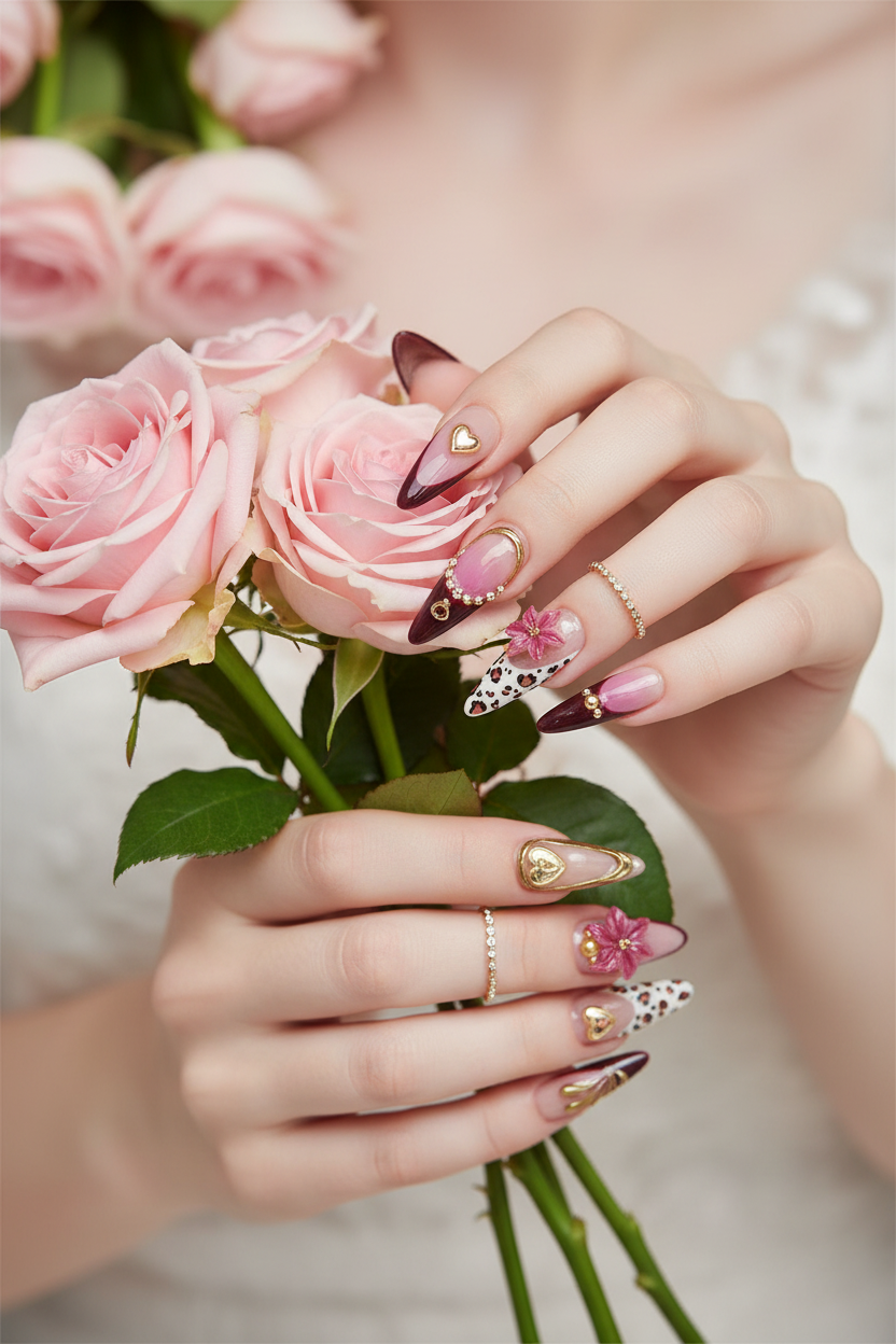 Light-skin hands holding pink roses wearing leopard mauve 3D floral custom press-on nails — LuxepressCo