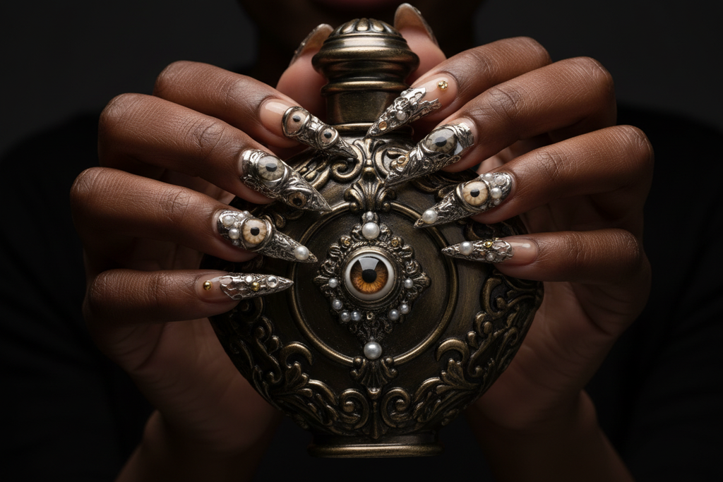 Dark-skin hands wearing steampunk 3D eyeball reusable press-on nails holding dark bronze-gold antique perfume bottle — LuxepressCo