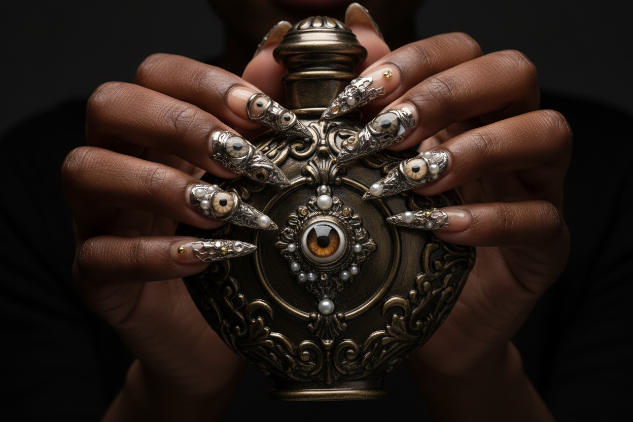 Dark-skin hands wearing steampunk 3D eyeball reusable press-on nails holding dark bronze-gold antique perfume bottle — LuxepressCo