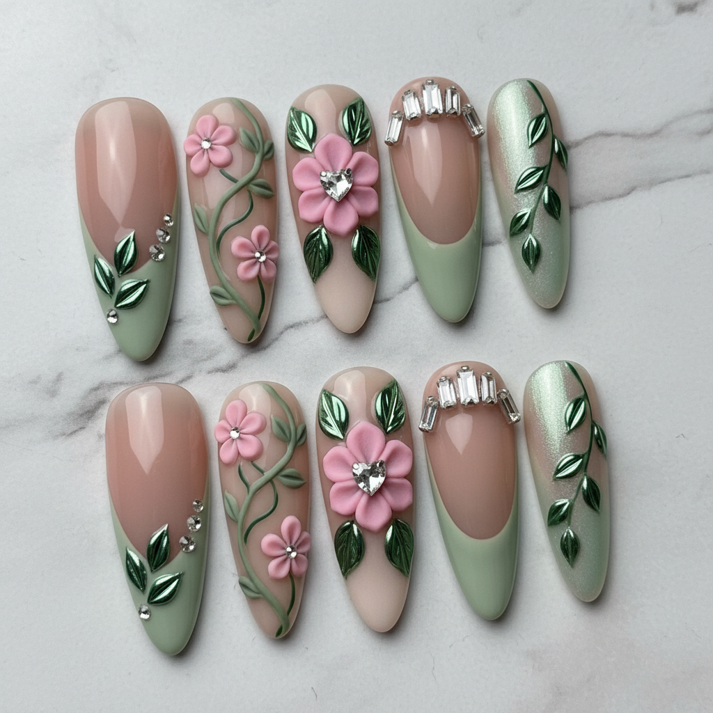 Full set 10 sage green pink floral rhinestone chrome leaf custom press-on nails marble — LuxepressCo