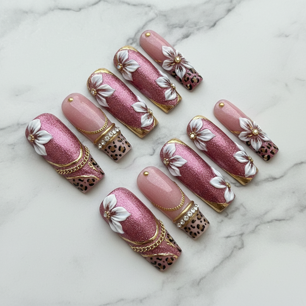 Full set 10 pink glitter leopard 3D floral gold chain rhinestone square press-on nails marble background custom press-on nails — LuxepressCo