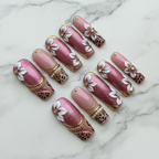 Full set 10 pink glitter leopard 3D floral gold chain rhinestone square press-on nails marble background custom press-on nails — LuxepressCo