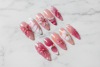 Full set 10 almond stiletto 3D cherry blossom pearl press-on nails on marble background custom press-on nails pink floral — LuxepressCo