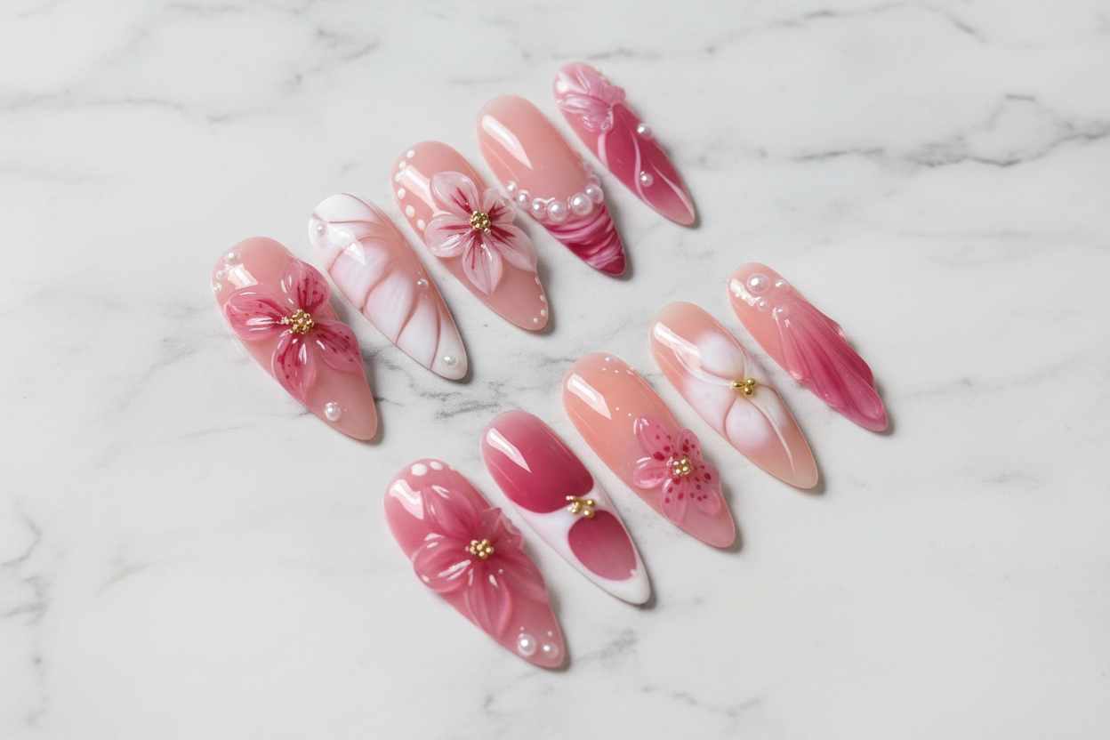 Full set 10 almond stiletto 3D cherry blossom pearl press-on nails on marble background custom press-on nails pink floral — LuxepressCo