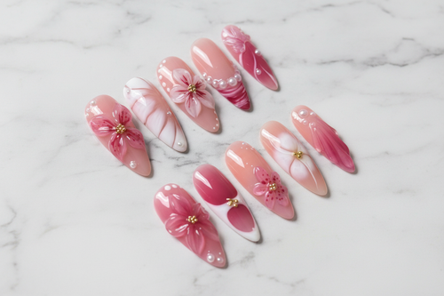 Full set 10 almond stiletto 3D cherry blossom pearl press-on nails on marble background custom press-on nails pink floral — LuxepressCo