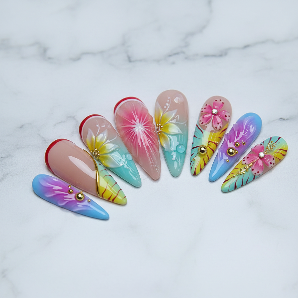 Full set 10 hibiscus aurora stiletto pink yellow teal blue purple floral custom press-on nails on marble — LuxepressCo