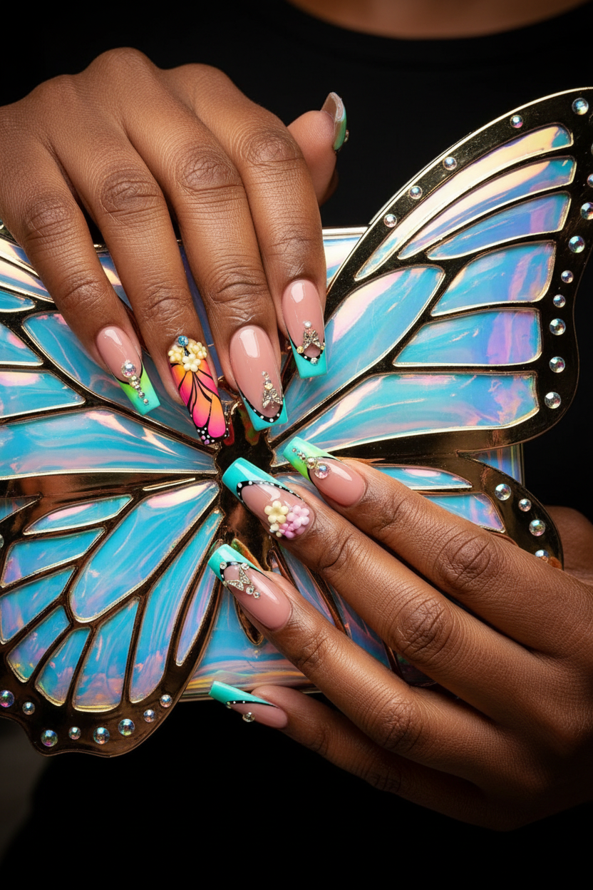 Dark-skin lifestyle butterfly wing ombre custom press-on nails holding iridescent butterfly clutch — LuxepressCo