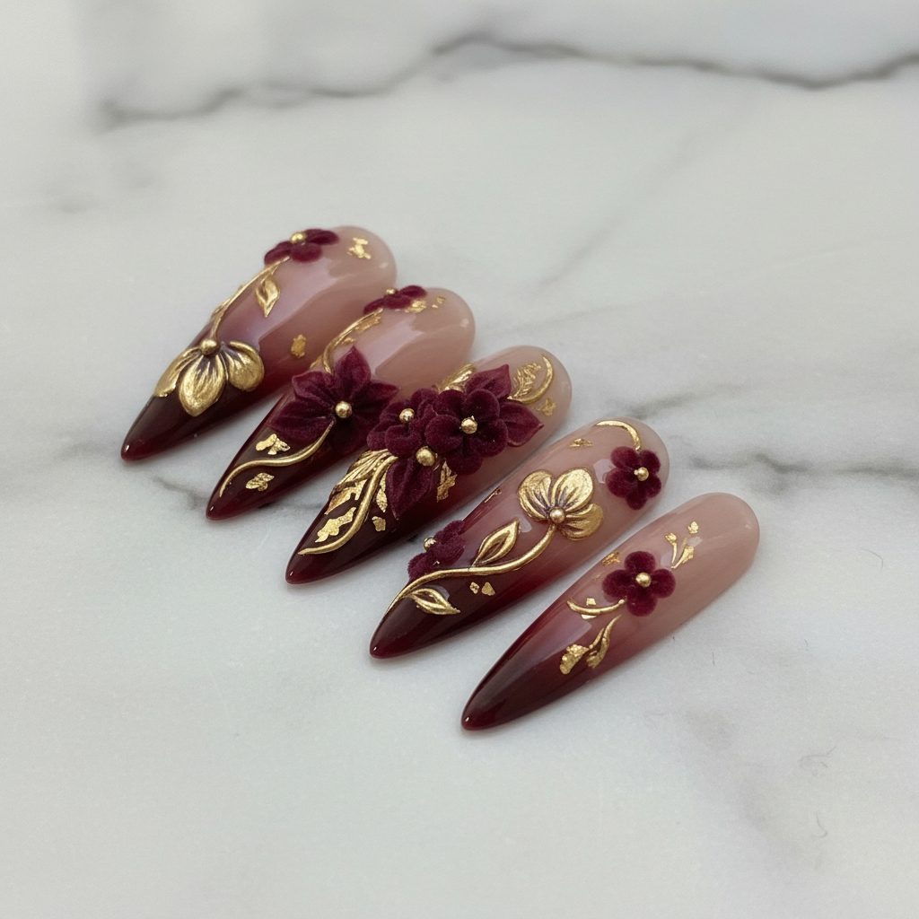 Close-up burgundy gold foil 3D floral reusable salon-quality nails marble background — LuxepressCo