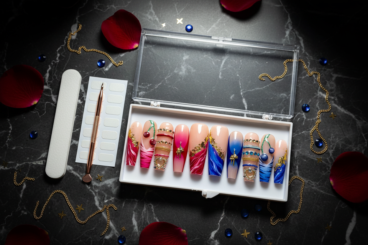 Luxury unboxing acrylic box pink red blue marble gold foil heart charm press-on nails with accessories — LuxepressCo