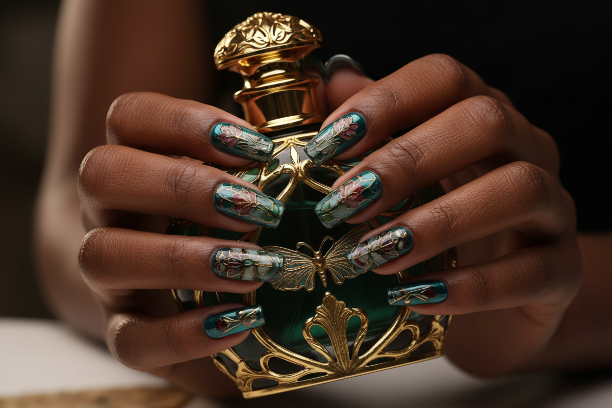 Dark-skin hands wearing Art Nouveau teal chrome reusable press-on nails holding dark green gold ornate perfume bottle — LuxepressCo