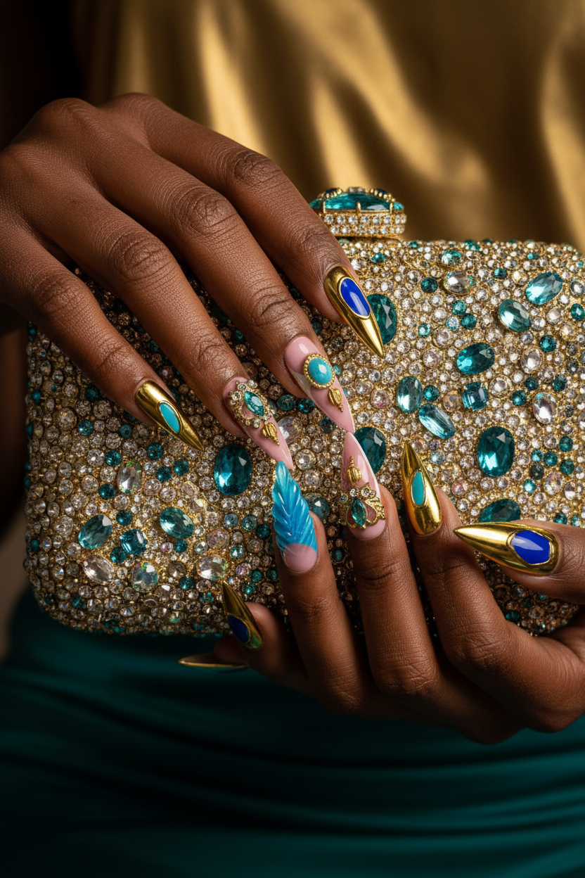 Dark-skin lifestyle gold chrome sapphire teal carved leaf goddess custom press-on nails holding jeweled clutch — LuxepressCo