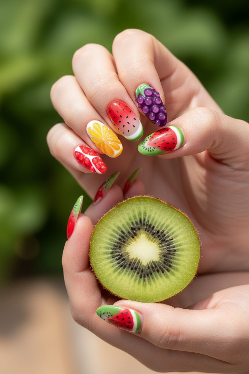Fair skin hands wearing tropical 3D fruit custom press-on nails holding fresh kiwi — LuxepressCo