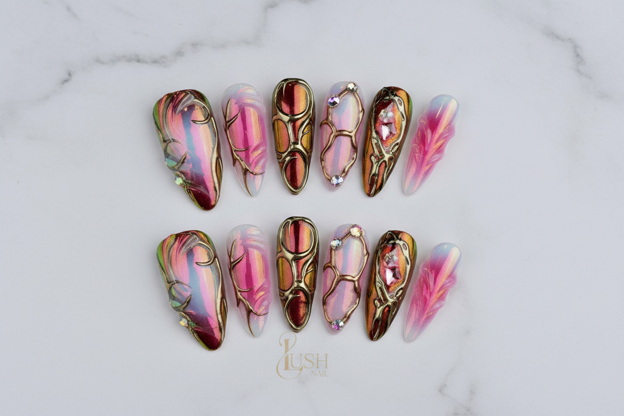 Flat lay top-down full set 10 gold filigree aurora chrome custom press-on nails white marble — LuxepressCo