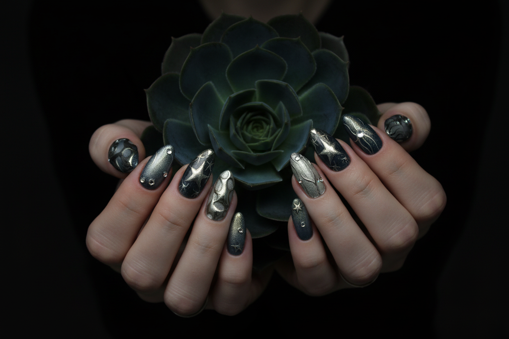 Fair-skin hands wearing dark teal silver chrome custom press-on nails holding dark flower — LuxepressCo