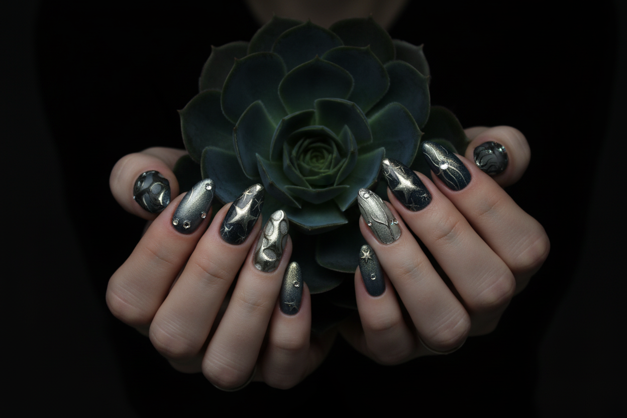 Fair-skin hands wearing dark teal silver chrome custom press-on nails holding dark flower — LuxepressCo
