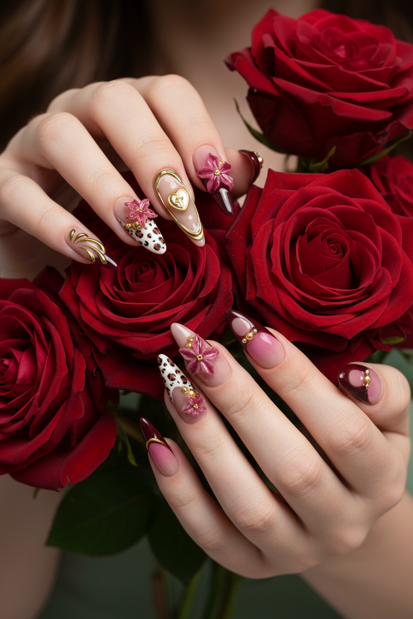 Light-skin hands holding red roses wearing mauve leopard 3D floral gold heart lock custom press-on nails — LuxepressCo