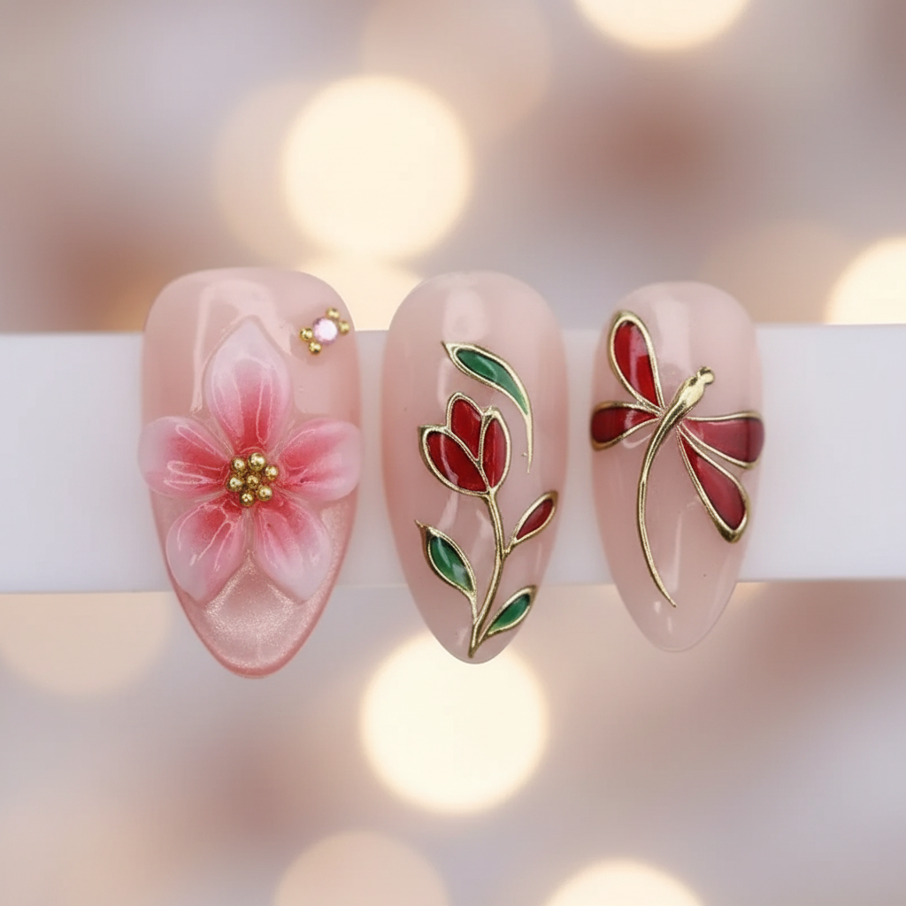 Macro close-up 3D pink chiffon flower gold enamel red tulip dragonfly custom press-on nails detail — LuxepressCo