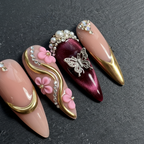 3D silver butterfly cat-eye burgundy pearl crown rhinestone custom press-on nails macro dramatic — LuxepressCo