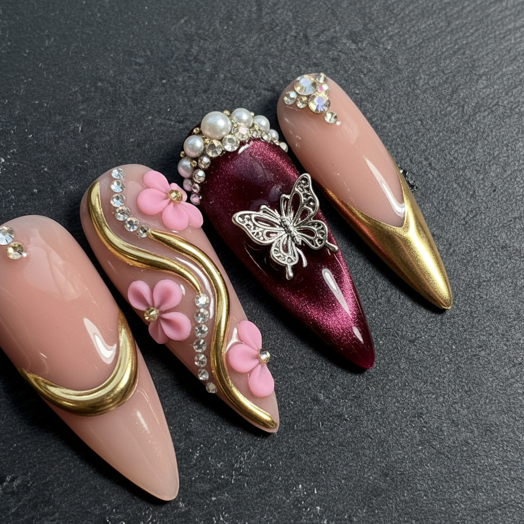 3D silver butterfly cat-eye burgundy pearl crown rhinestone custom press-on nails macro dramatic — LuxepressCo