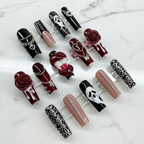 Gothic concert custom press-on nails dark red black 3D rose chain full set marble studio — LuxepressCo