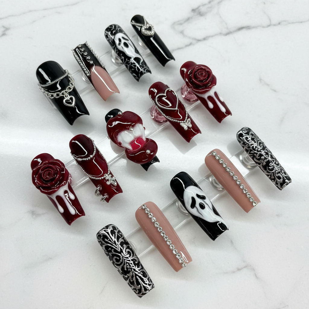 Gothic concert custom press-on nails dark red black 3D rose chain full set marble studio — LuxepressCo