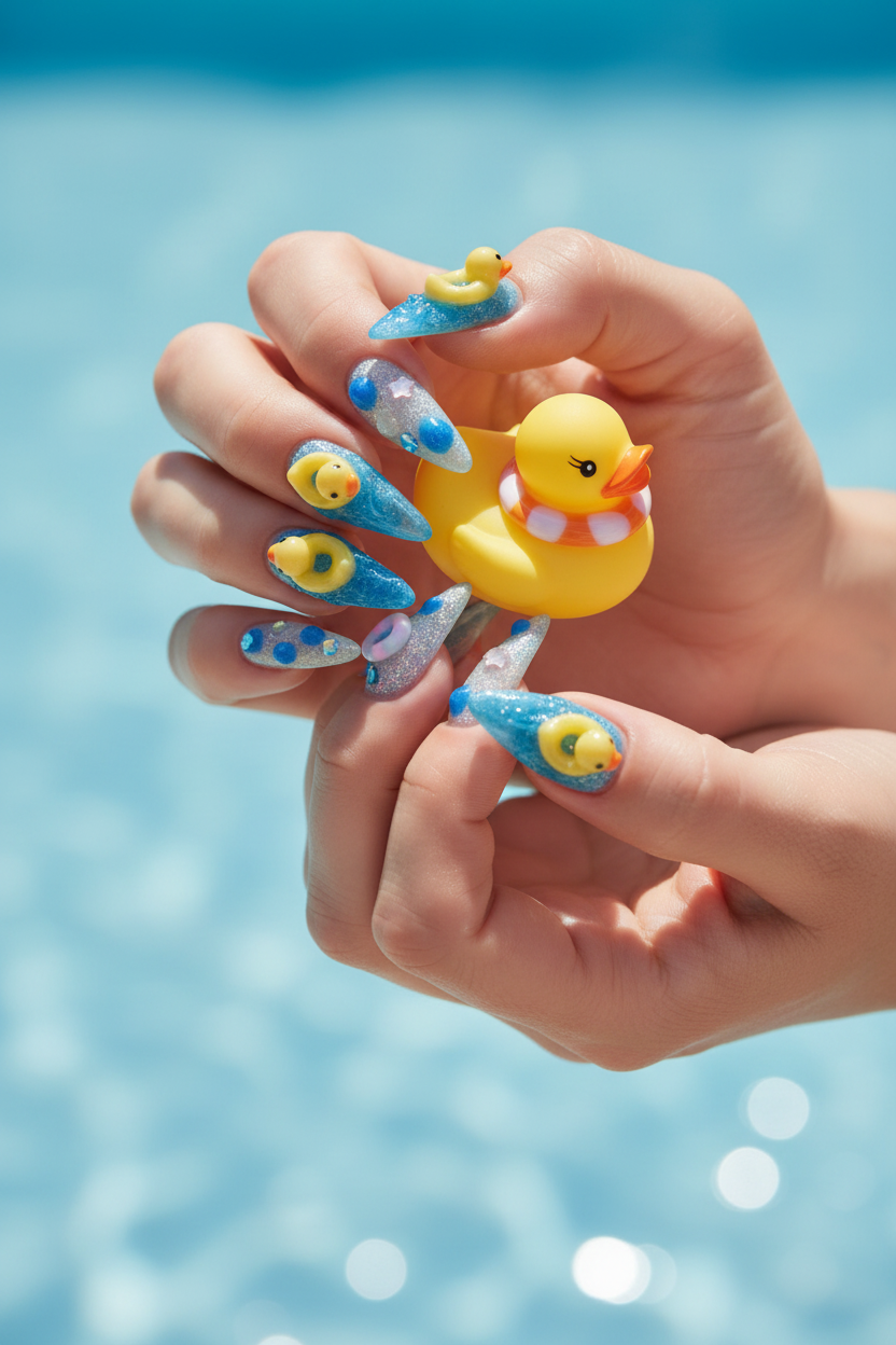 Light-skin hands holding rubber duck wearing jelly blue wave 3D rubber duck pool float custom press-on nails — LuxepressCo