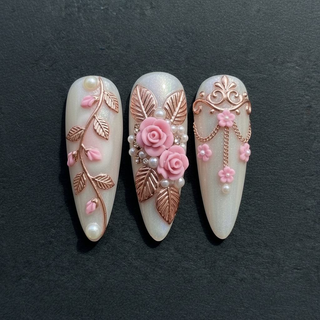 Macro close-up 3D sculpted pink roses rose gold leaf pearl cluster chain custom press-on nails dark background — LuxepressCo