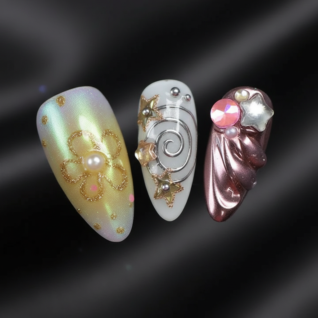 Macro close-up 3D holographic chrome pearl press-on nails detail — LuxepressCo