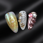 Macro close-up 3D holographic chrome pearl press-on nails detail — LuxepressCo