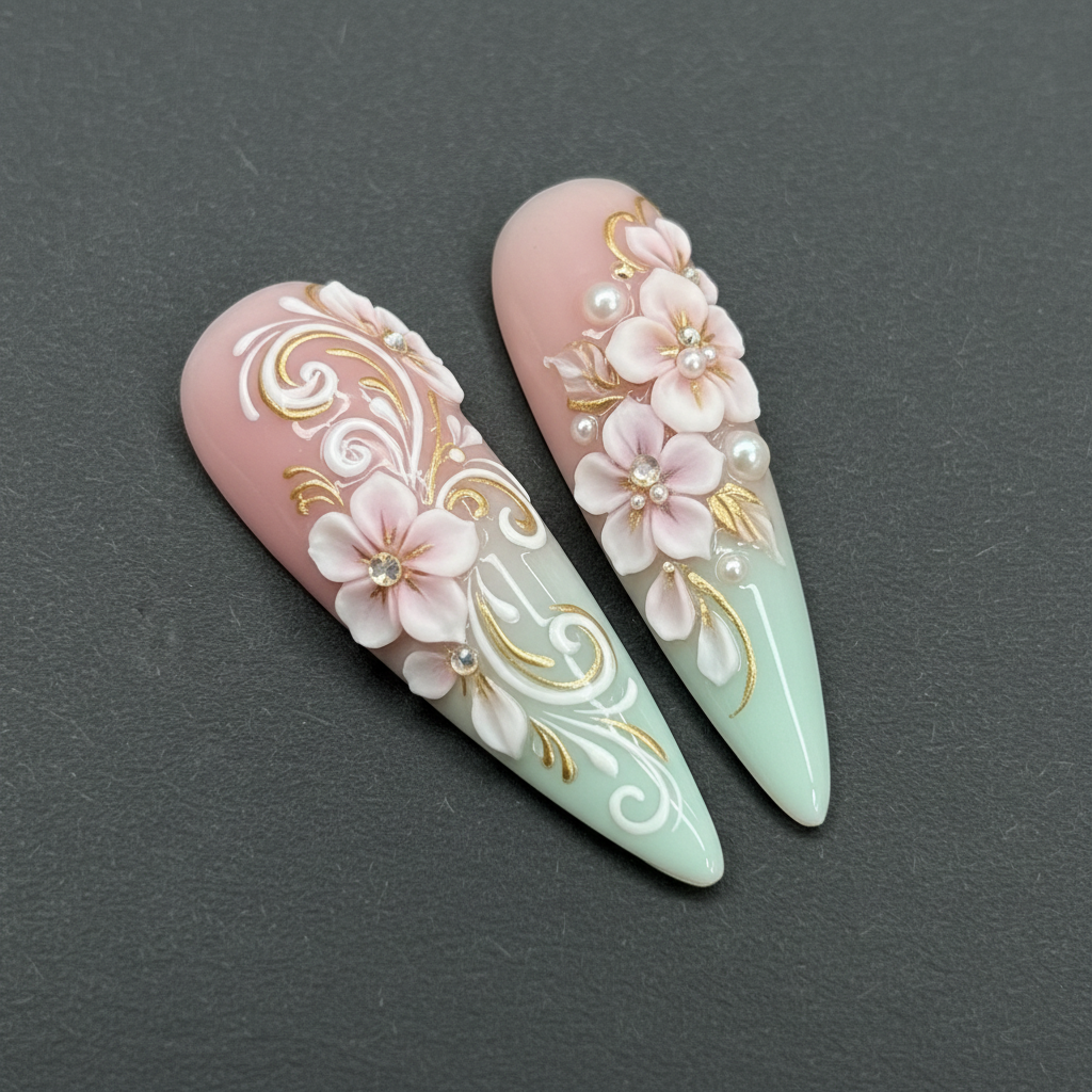 Macro close-up 3D cherry blossom pearl gold butterfly custom press-on nails dramatic lighting — LuxepressCo