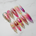 Aurora mermaid holographic shell chrome custom press-on nails pink yellow green full set — LuxepressCo