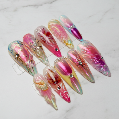 Aurora mermaid holographic shell chrome custom press-on nails pink yellow green full set — LuxepressCo