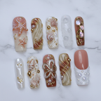 Ocean shell starfish marble 3D gold bow pearl conch coastal custom press-on nails full set on white marble — LuxepressCo