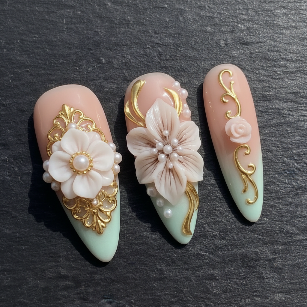 Close-up macro 3D white ivory flower pearl cluster gold baroque frame blush mint ombre custom press-on nails — LuxepressCo
